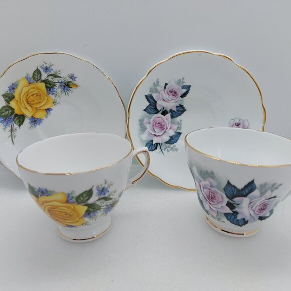 2 Vintage Tea Cups & Saucers Royal Vale & Consort - Yellow Rose White Pink Rose - Picture 16 of 16